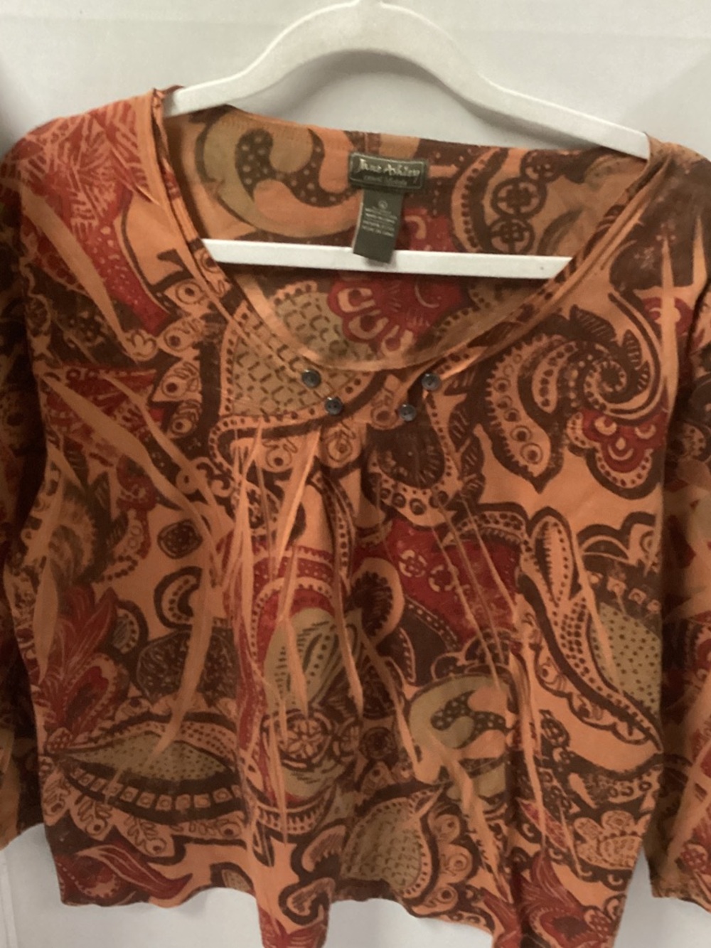 Jane Ashley Vintage Burnt Orange and Brown Paisley Pintuck Top